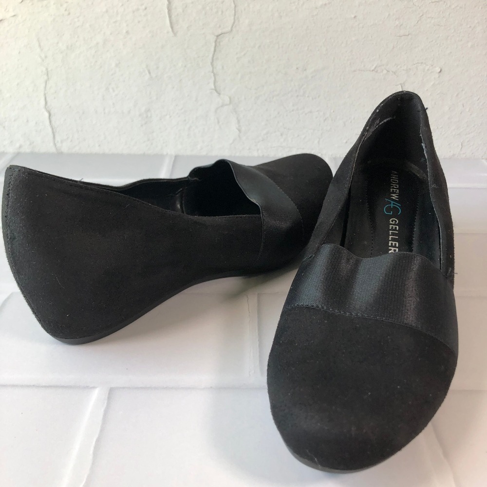 Andrew Geller Secretary Black Wedge Pumps Round Toe Elastic Strap Womens 8M